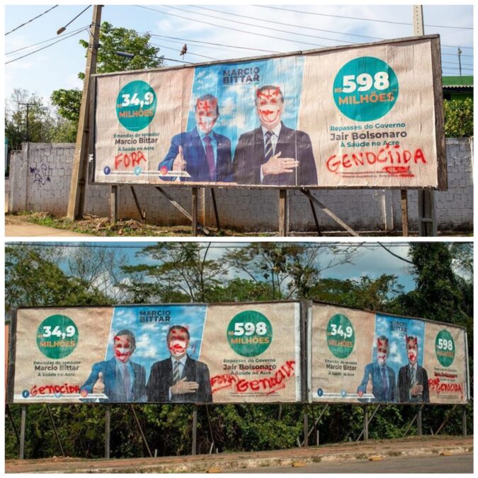 Acreanos picham outdoors de Bolsonaro e chamam presidente de “genocida”