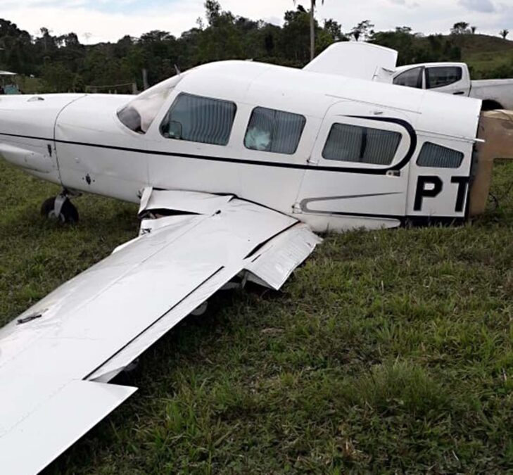 Avião de pequeno porte bate em vaca, sai da pista e se choca contra árvore em Jordão