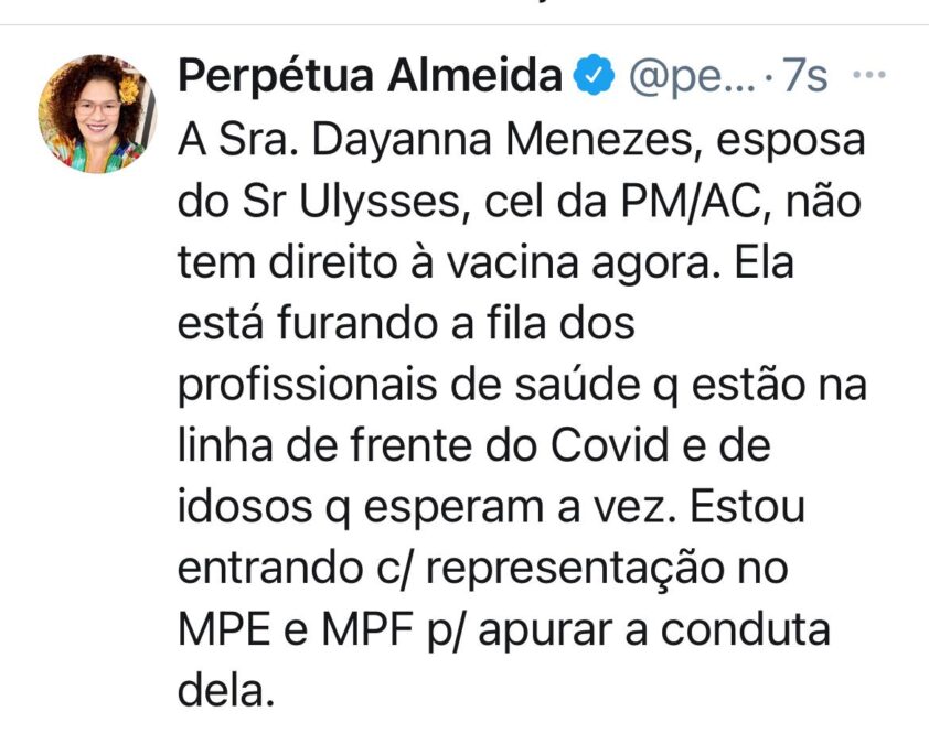 Deputada Perpétua acionará MPF e MPE com representação contra esposa de Coronel Ulysses por “fura fila”