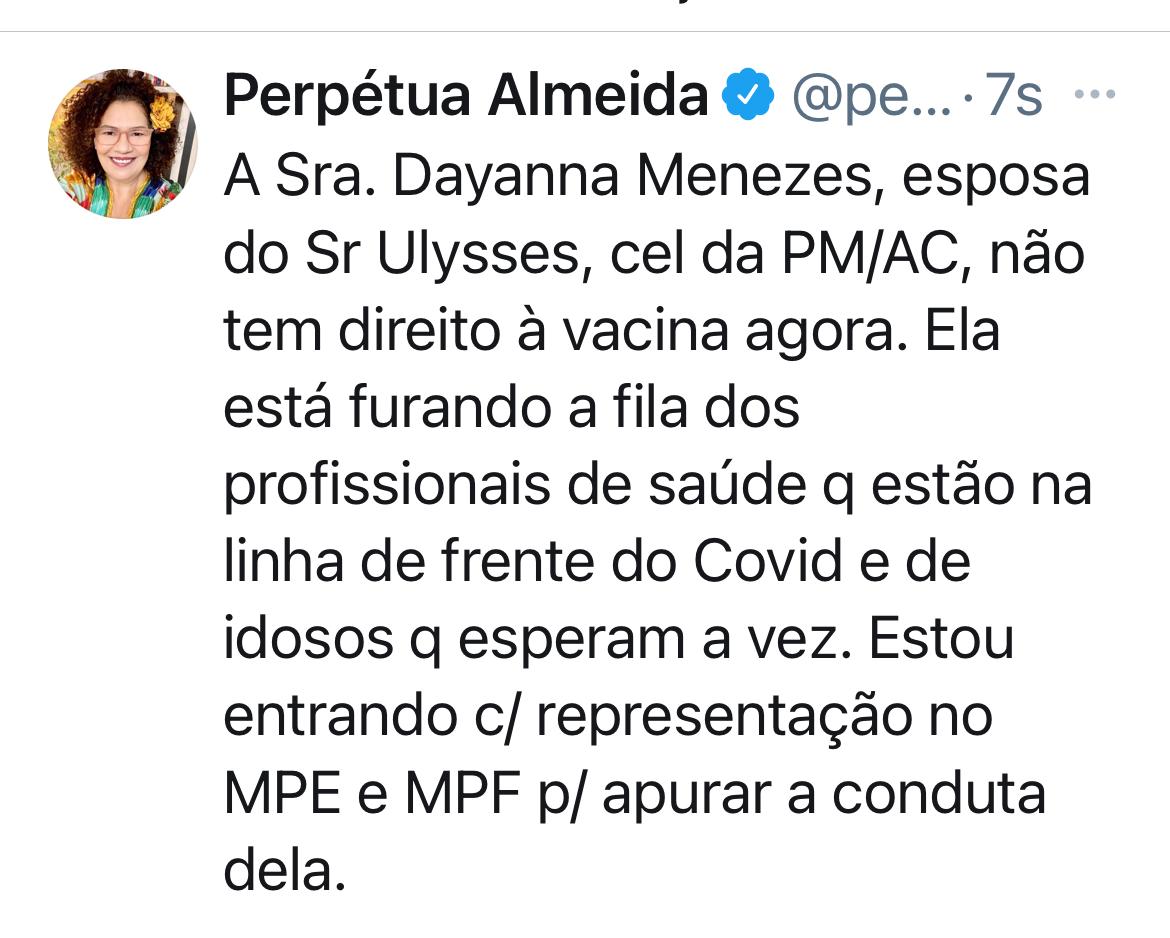 Deputada Perpétua acionará MPF e MPE com representação contra esposa de Coronel Ulysses por “fura fila”
