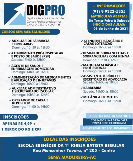 DigiPro Cursos Profissionalizantes está em Sena Madureira e realizará cursos com inscrições a menos de 5 reais