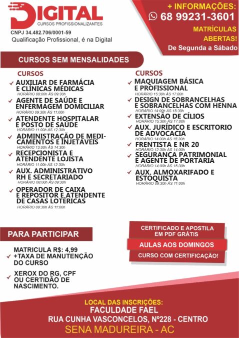 Digital Cursos Profissionalizantes disponibiliza inscrições para várias formações profissionais em Sena Madureira