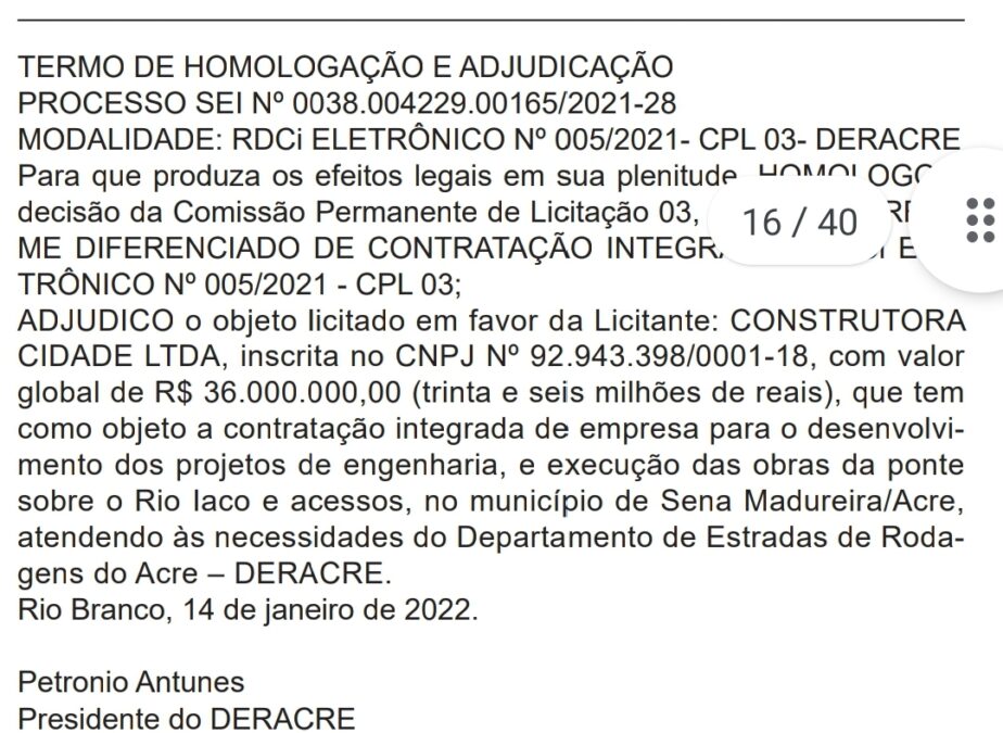 Construtora Cidade vence licitação para construir Ponte do Segundo Distrito, Em Sena Madureira