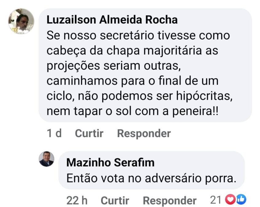 Internauta questiona pré-candidatura de Alípio e Mazinho rebate: “Vota no adversário, porra”