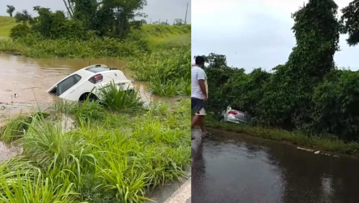 Carro cai em açude e outro despenca na vegetação na BR-364 após fortes chuvas