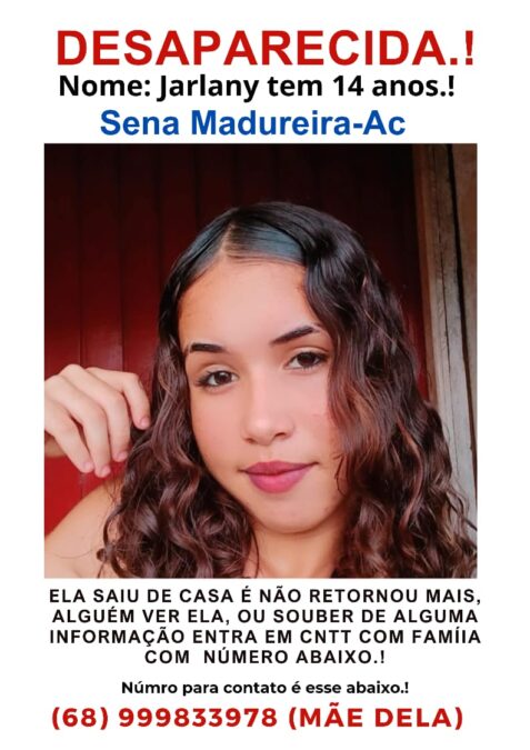 Jovem de 14 anos desaparece em Sena Madureira; família pede ajuda