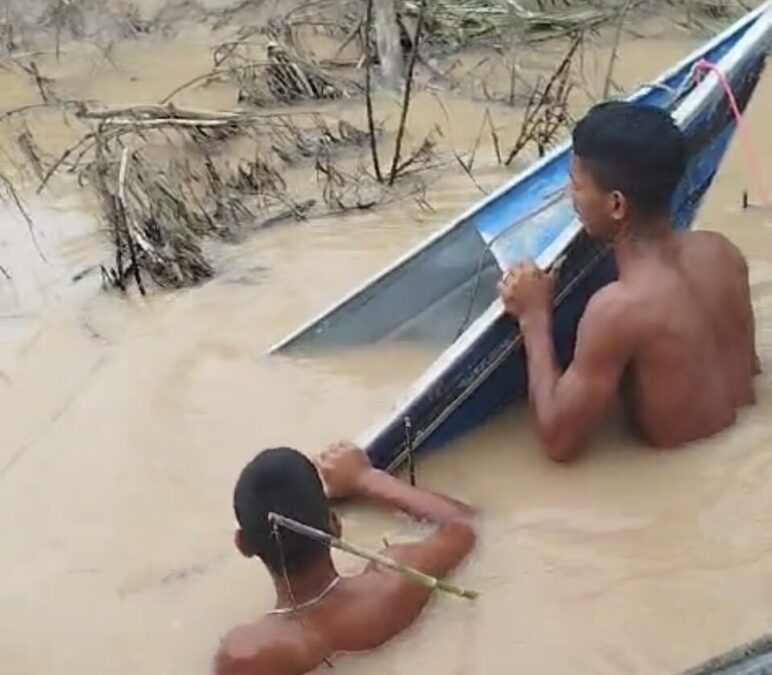 Pescadores resgatam voadeira naufragada no Rio Purus