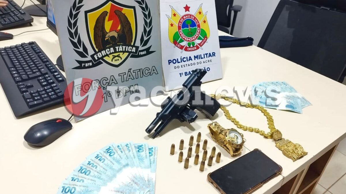 Força Tática do 1° Batalhão prende homem com pistola de uso restrito e R$ 2 mil em Rio Branco