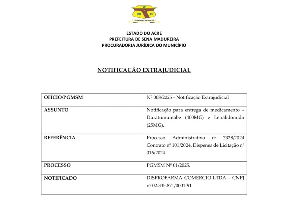 Prefeitura de Sena notifica empresa por não entregar medicamento para tratamento de câncer de professora