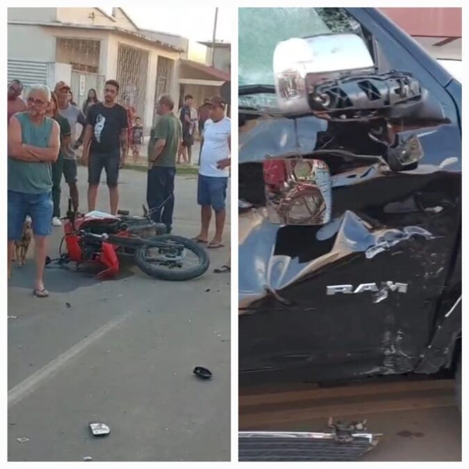 Colisão grave envolvendo moto e caminhonete deixa homem com fratura exposta na perna em Sena Madureira