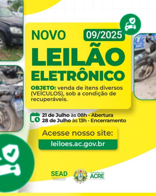 Leilão eletrônico de veículos recuperáveis começa na segunda-feira (21) no Acre