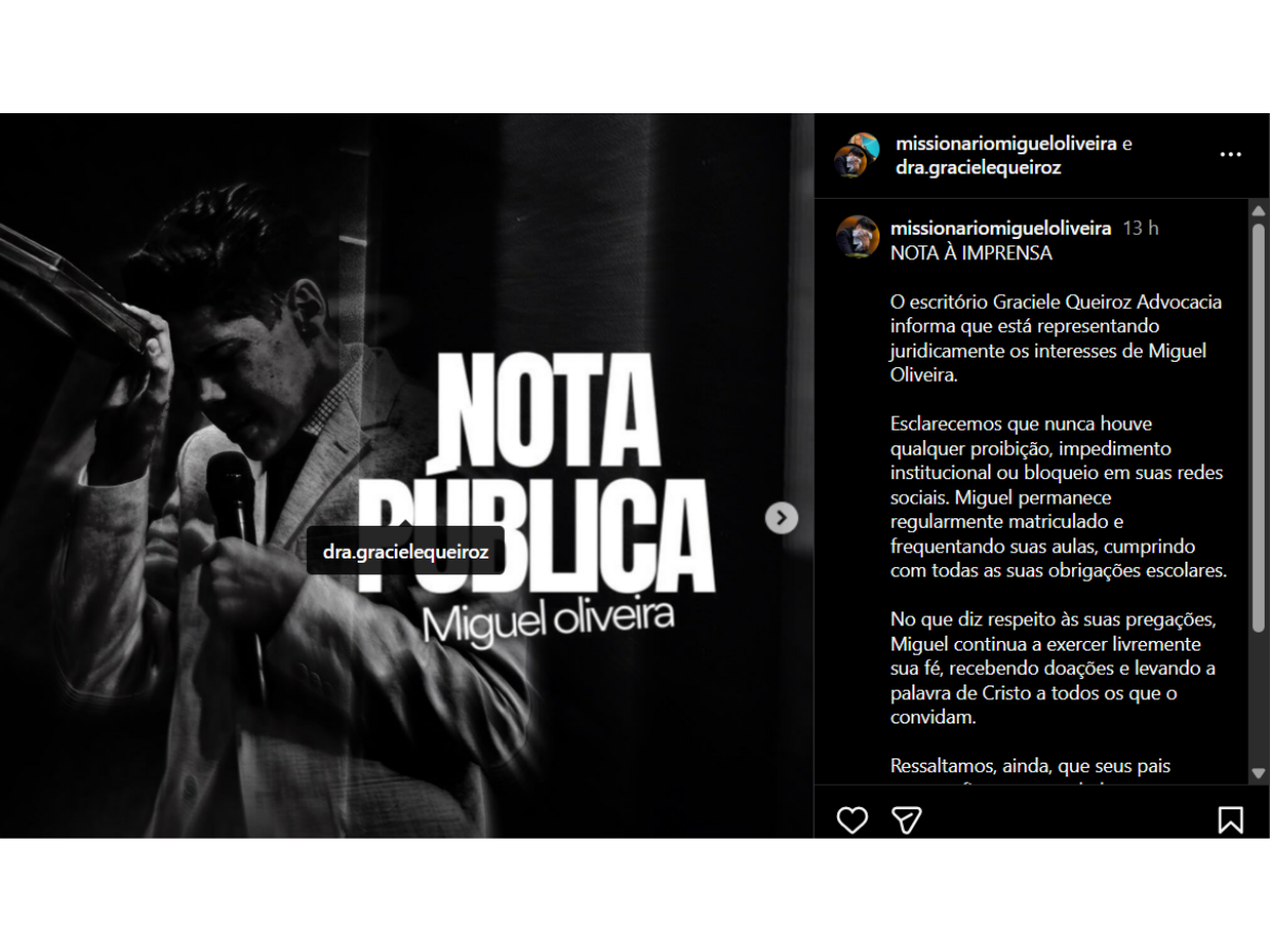 Defesa de pastor adolescente afirma que não houve proibição dele usar as redes sociais