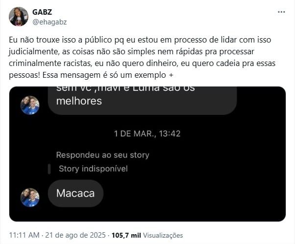 “eu-nao-quero-dinheiro,-quero-cadeia”,-desabafa-gabz-apos-ataques-racistas