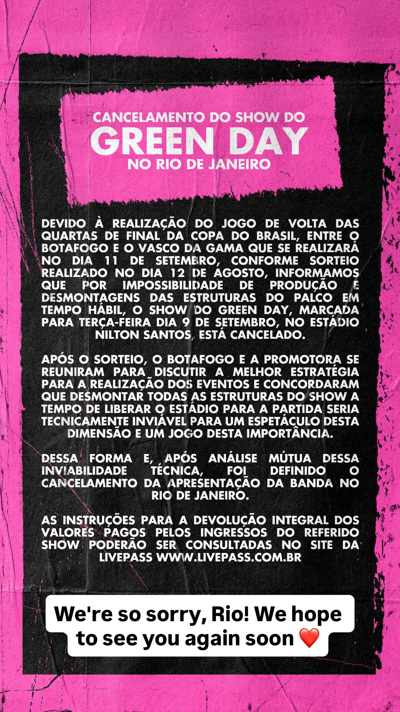 Green Day cancela show no RJ por conta de clássico da Copa do Brasil. Entenda!