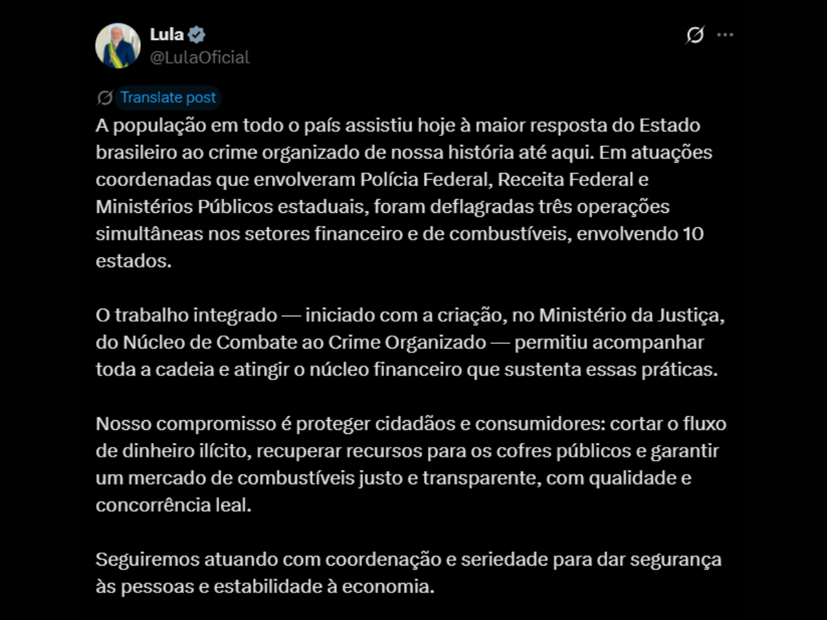 “Maior resposta do Estado ao crime organizado”, diz Lula sobre megaoperação contra PCC