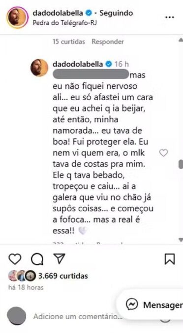 Dado Dolabella responde seguidora sobre agressão a Luan Pereira: “Não fiquei nervoso”