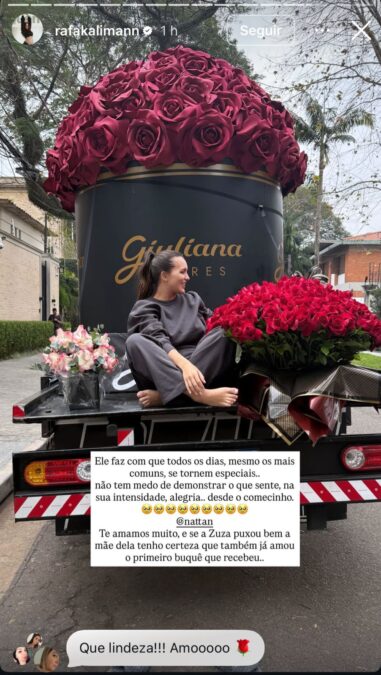 Nattan envia caminhão de flores gigantes para Rafa Kalimann e para a filha, Zuza