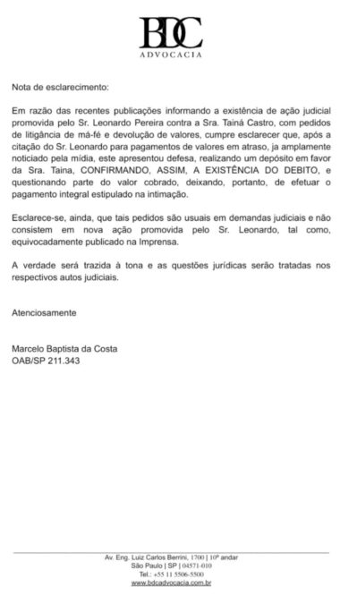 Tainá Castro esclarece depósito feito por Léo Pereira e nega nova ação judicial