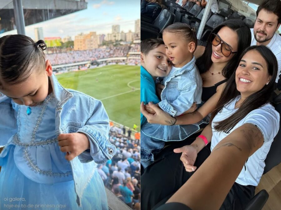 Cinderela? Mavie chega vestida de princesa para assistir jogo do Santos no estádio