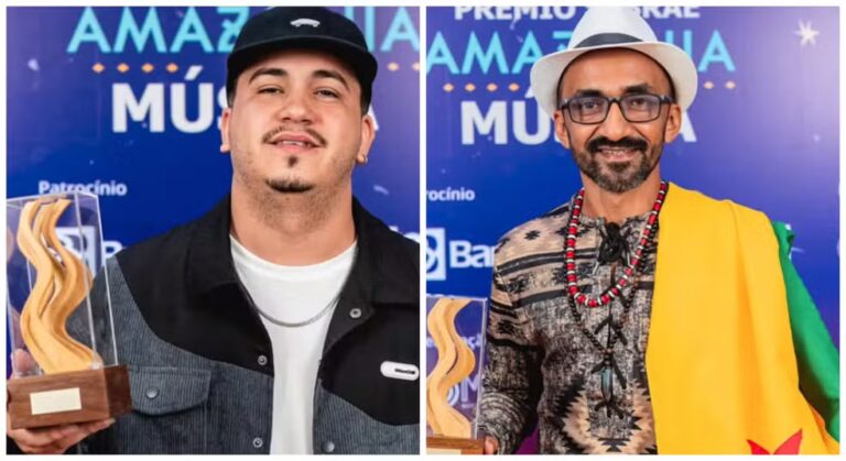 Kaemizê foi premiado como melhor artista de música urbana e Manoelzinho do Acre recebeu troféu na categoria de sonoridades amazônicas — Foto: Reprodução/Sebrae