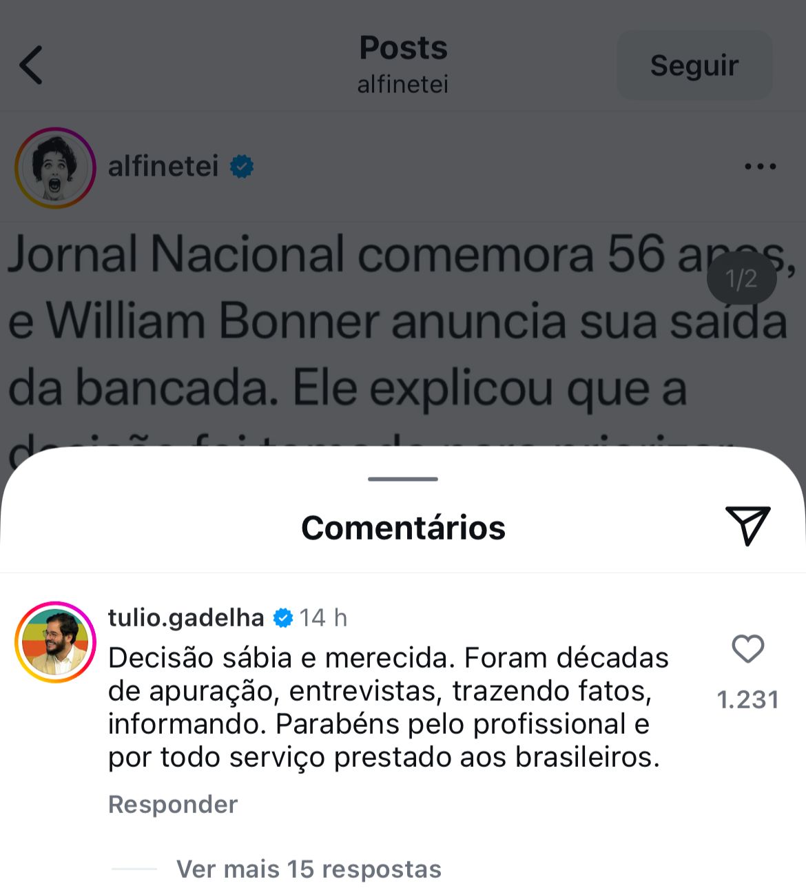 Túlio Gadêlha comenta saída de William Bonner do JN e elogia chegada de César Tralli