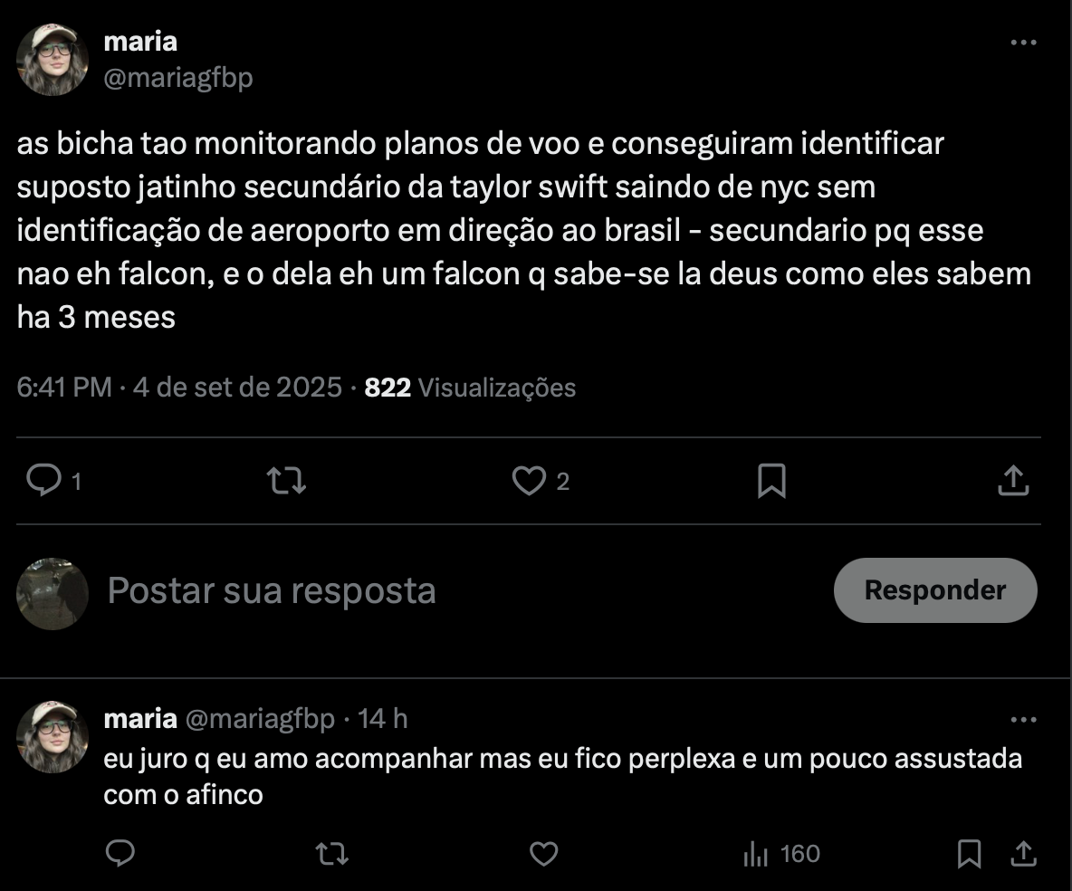 Será que é ela? Fãs rastreiam suposto jatinho de Taylor Swift chegando ao Brasil