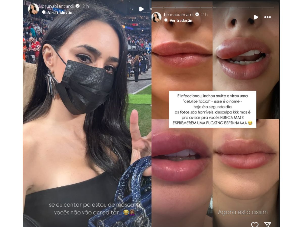 Bruna Biancardi aparece de máscara no jogo da NFL e explica infecção nos lábios