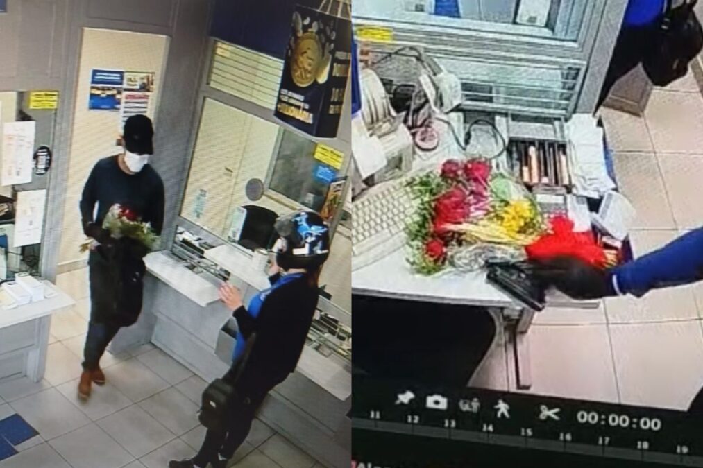 Vídeo: homem usa buquê de flores como disfarce para assaltar lotérica