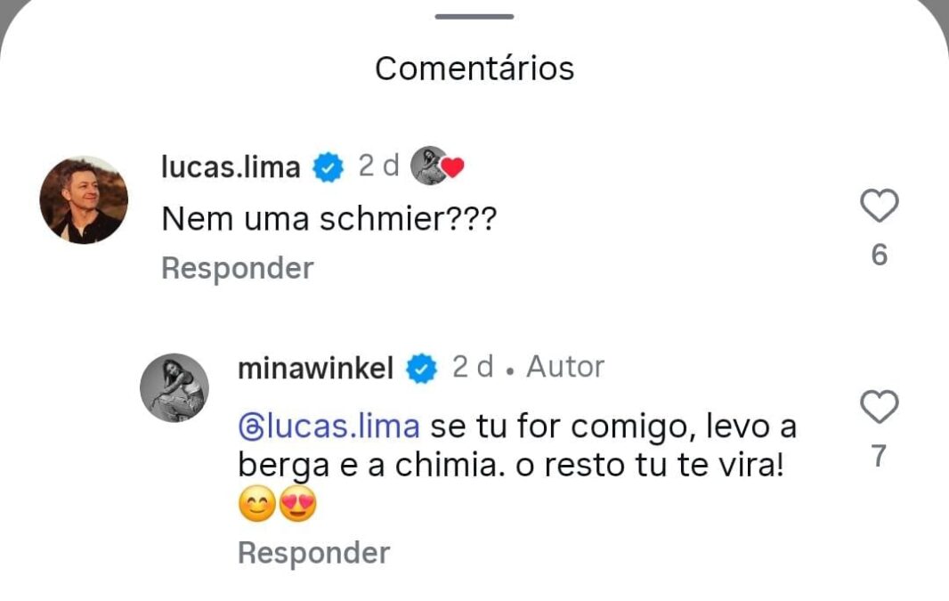 Lucas Lima e Mina Winkel trocam mensagens descontraídas e despertam rumores de romance