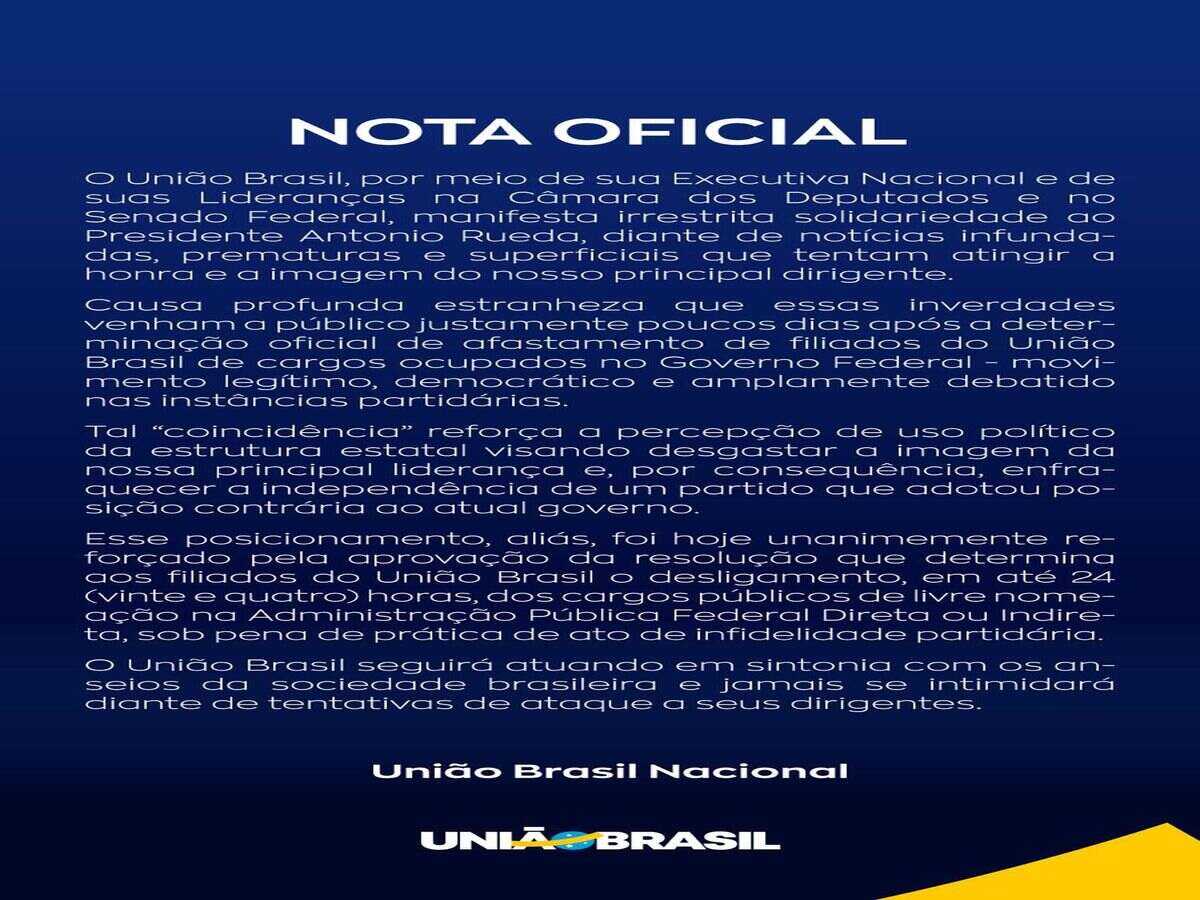União Brasil dá 24h para filiados deixarem governo Lula