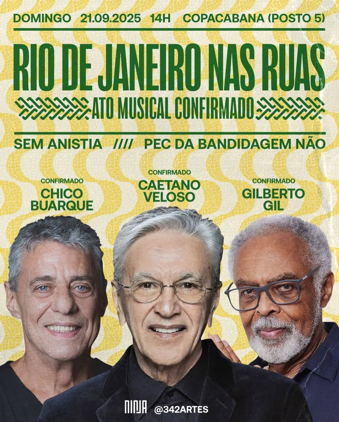 Caetano, Chico e Gil lideram ato contra PEC da Blindagem neste domingo (21/9)