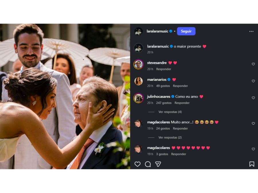 Lara Silva publica foto inédita com Faustão após casamento: “Maior presente”