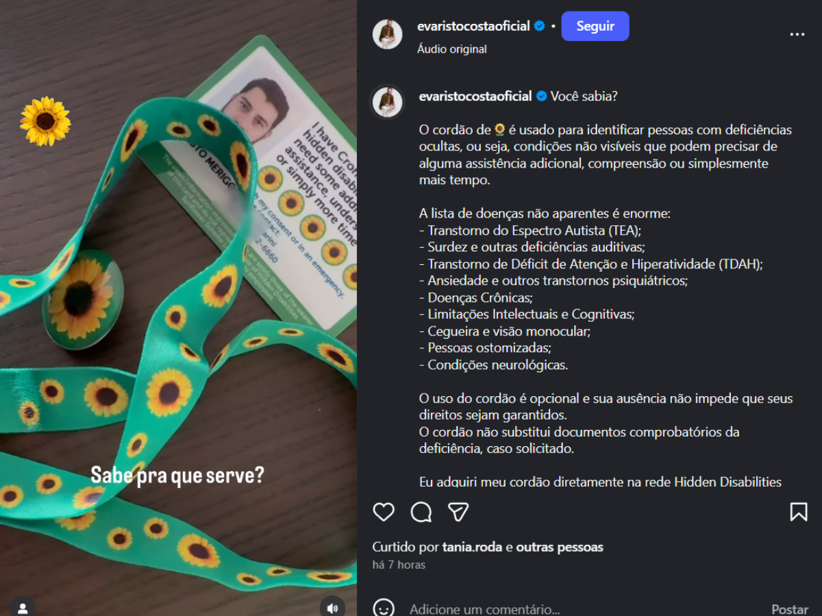 Diagnosticado com doença de Crohn, Evaristo Costa explica uso do cordão de girassol
