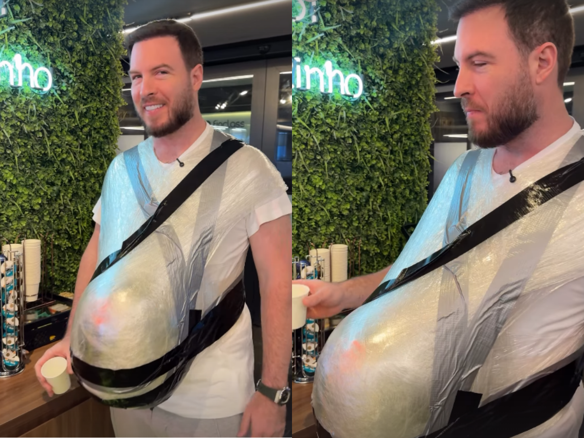Com barriga falsa, Thiago Nigro tenta sentir na pele a gestação de Maíra Cardi