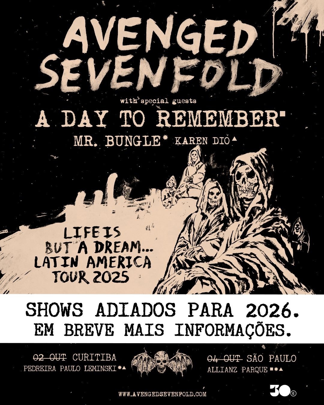 Avenged Sevenfold remarca shows no Brasil devido a problemas de saúde do vocalista