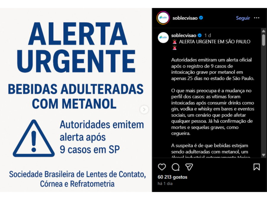 Sociedade Brasileira de Córnea emite alerta em SP após vítimas de bebida com metanol