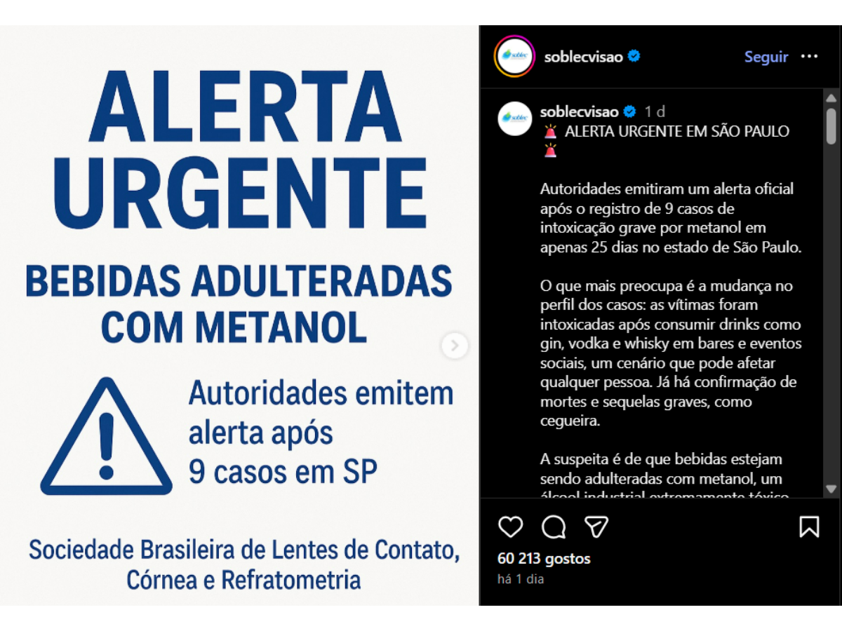 Sociedade Brasileira de Córnea emite alerta em SP após vítimas de bebida com metanol