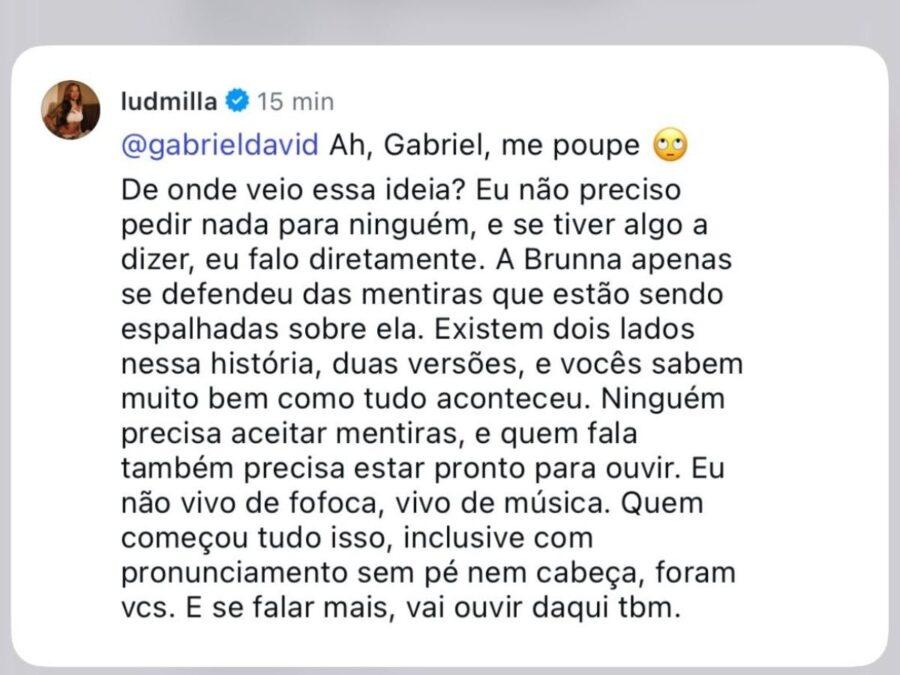 Ludmilla rebate fala de Gabriel David sobre suposto pedido para “atacarem” Lancellotti