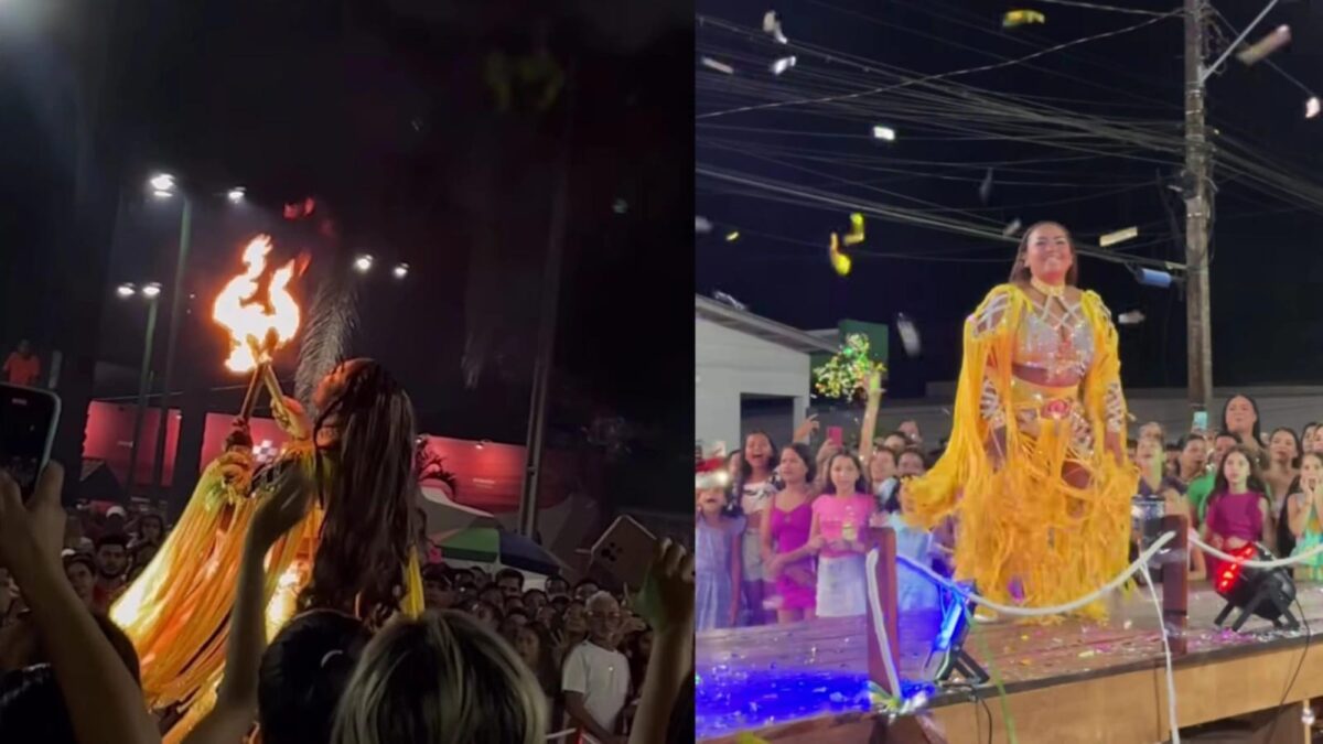 Vandressa Frazão brilha com performance e impressiona ao cuspir fogo durante concurso da ExpoSena 2025