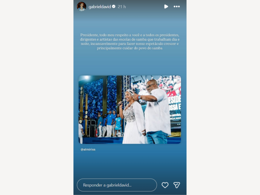 Gabriel David manda recado para presidente da Beija-Flor em meio à polêmica
