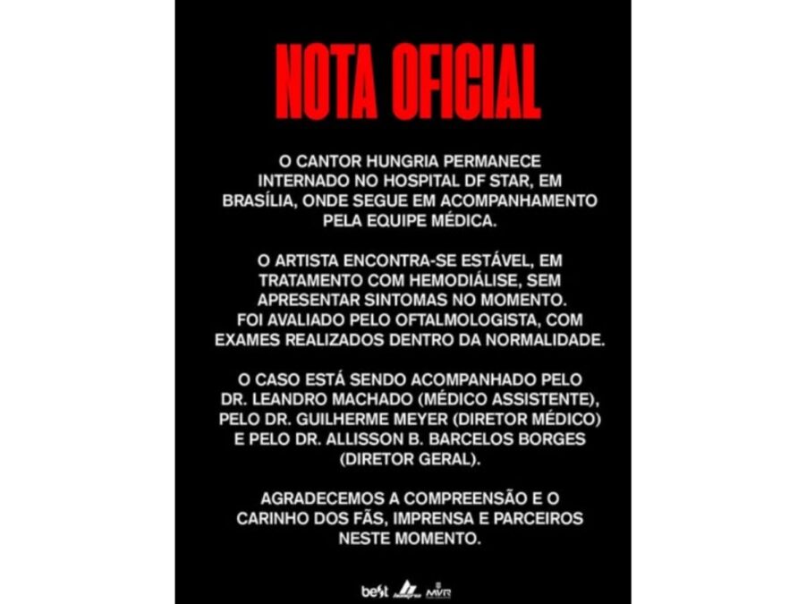Equipe de Hungria emite nota oficial sobre saúde do cantor. Confira!