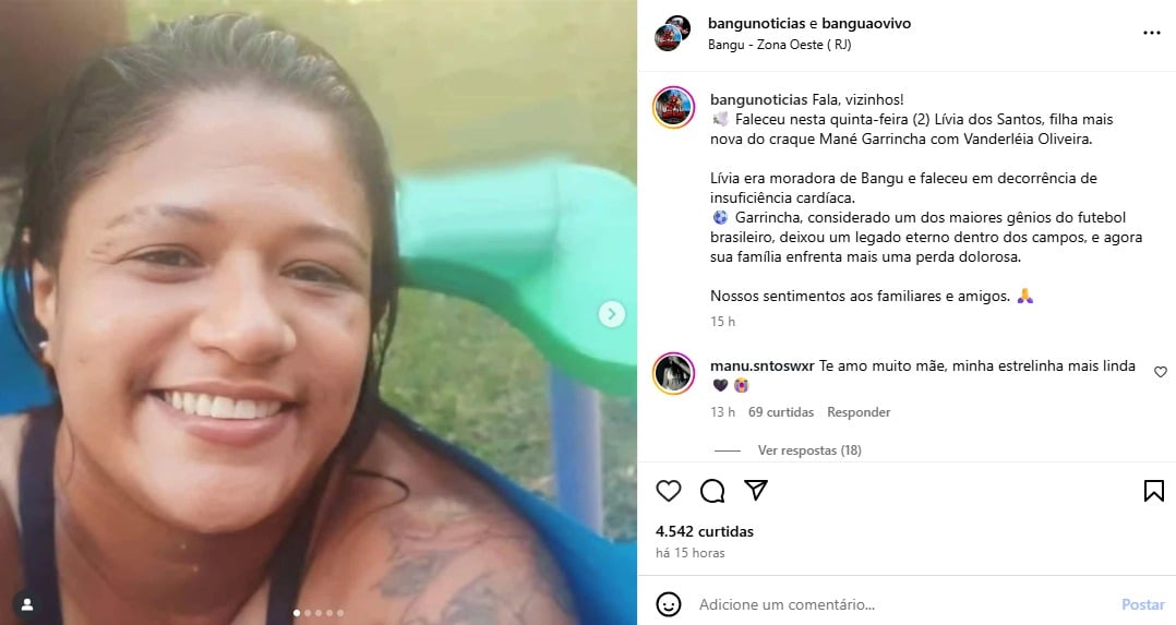 Morre filha caçula de Mané Garrincha aos 44 anos, vítima de insuficiência cardíaca