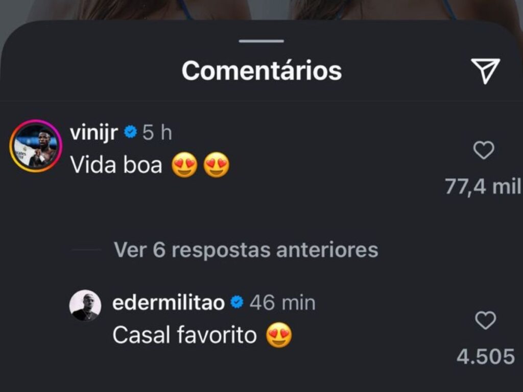 eder-militao-responde-comentario-de-vini-jr.-em-foto-de-virginia:-“casal-favorito”