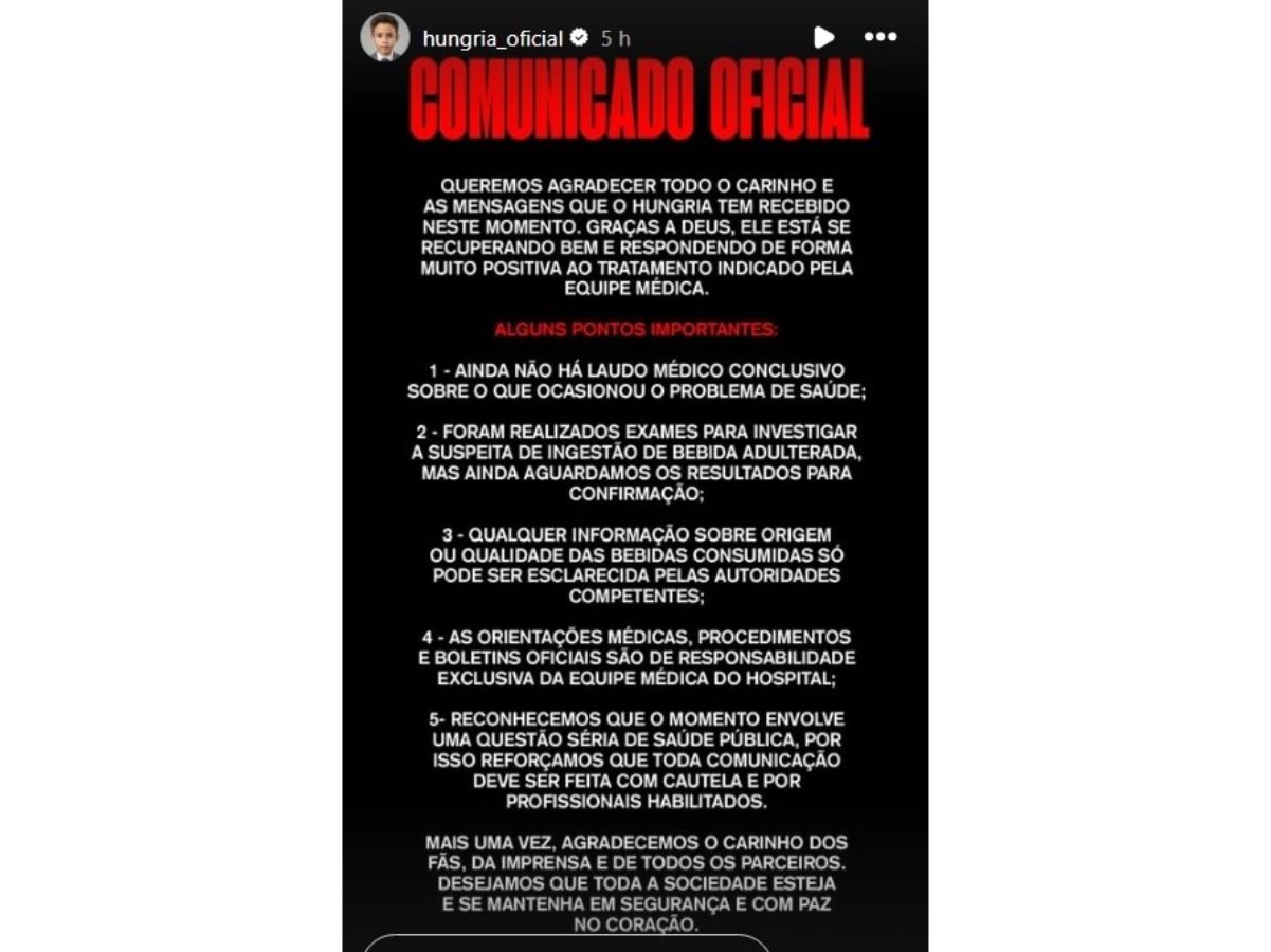 “Não há laudo médico conclusivo”: equipe de Hungria atualiza estado de saúde do rapper
