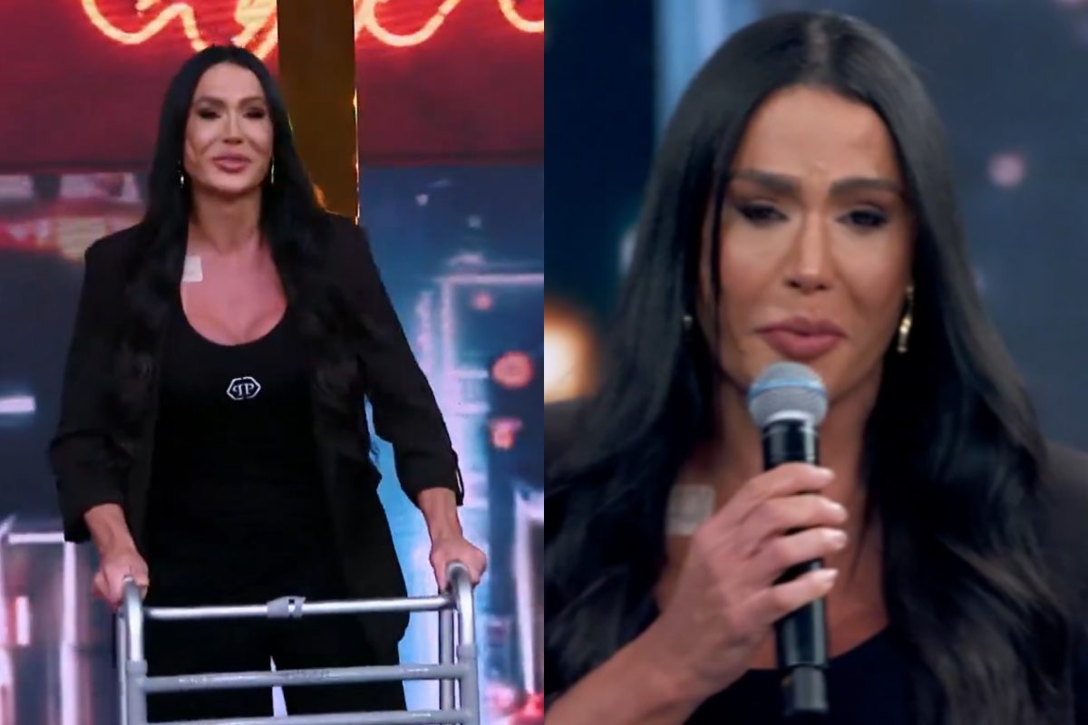 Gracyanne chora e aparece de andador no Domingão após acidente