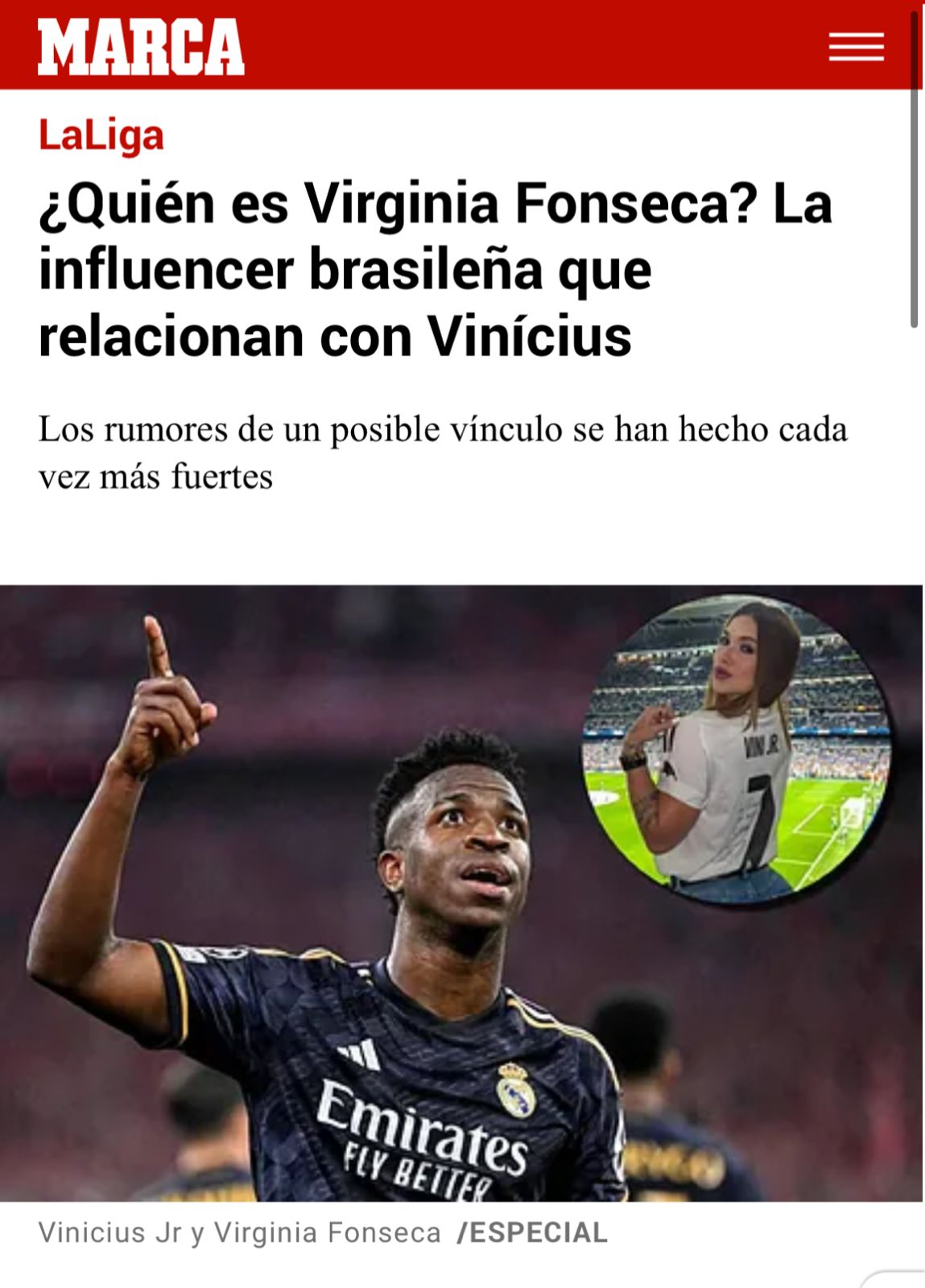 Virginia vira notícia internacional após acompanhar Vini Jr. em jogo do Real Madrid