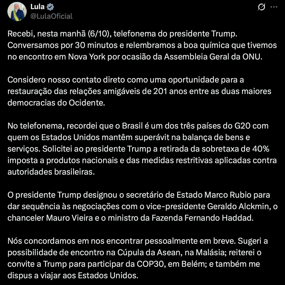 Lula retoma diálogo com Donald Trump e revela detalhes importantes da conversa