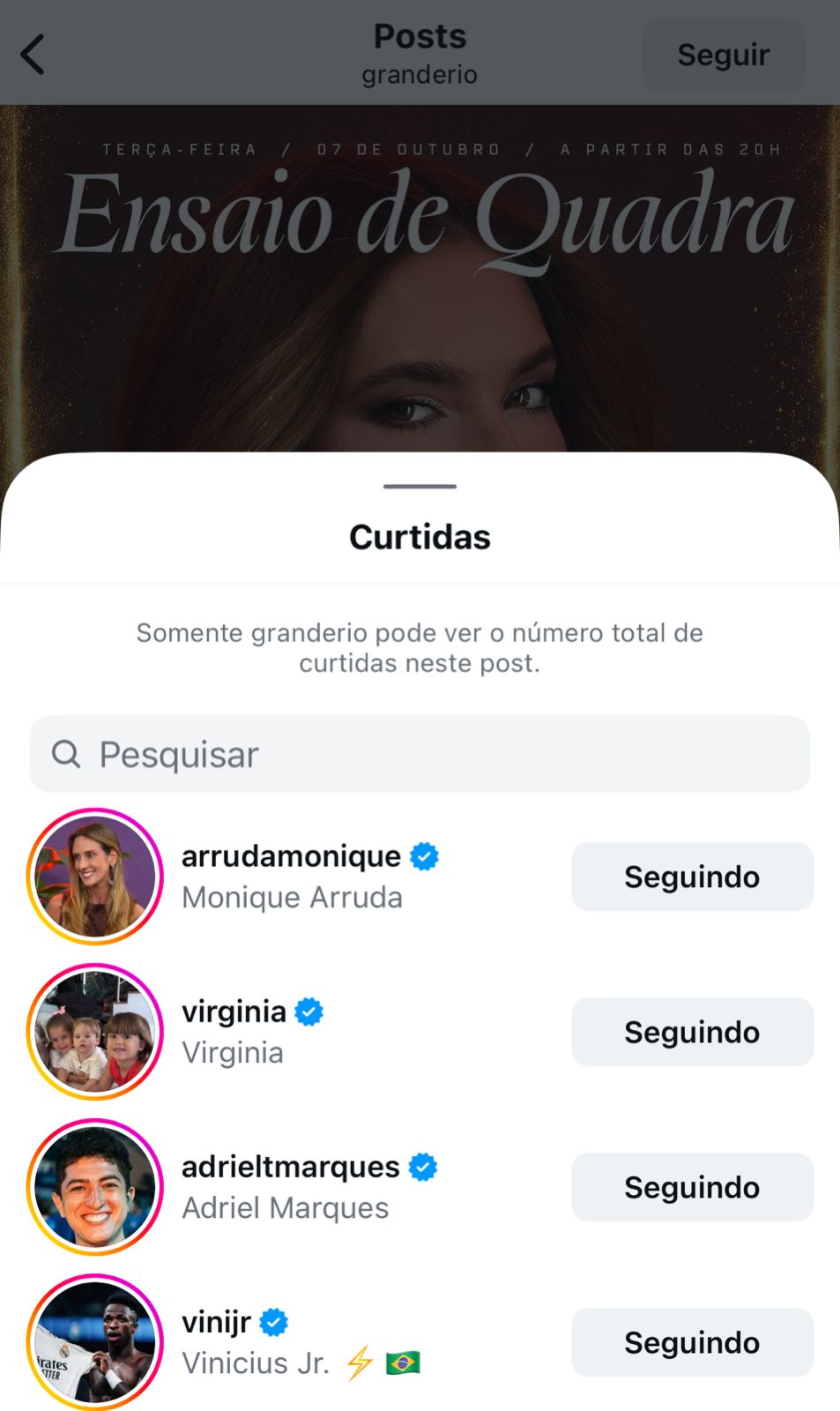Enquanto falava com modelo, Vini Jr. curtiu post da Grande Rio sobre Virginia