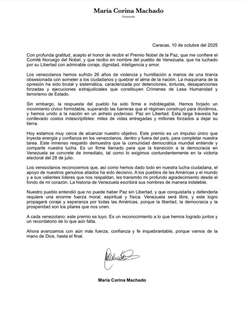 maria-corina-machado-dedica-nobel-da-paz-a-donald-trump-e-ao-povo-venezuelano