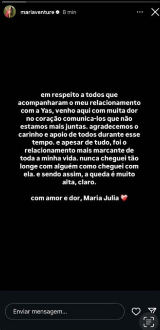 Noiva de Yasmin Santos anuncia fim do relacionamento em post e apaga em seguida
